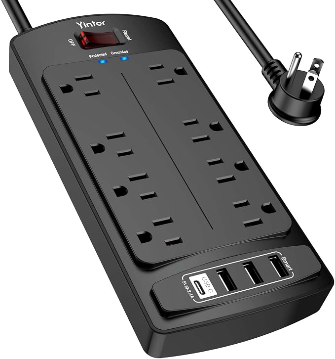 Yintar 6Ft Surge Protector Power Strip with 8 Outlets and 4 USB Ports | 6 Feet Flat Plug Extension Cord with Multiple Outlets for Home, Office, Dorm Essentials, 2700 Joules, ETL, Black