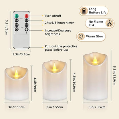 Artmarry Flameless Candles Outdoor Indoor Pillars Battery Operated Flickering Candles Include 10-Key Remote Timer 400+ Hours by 2 AA Batteries (White Candle - Warm Light, 3" D x 4"|5"|6" H - 24 Pack)