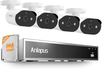Anlapus 8CH 5MP PoE NVR Security System, 4 x 3MP Audio IP Camera, 500GB HDD