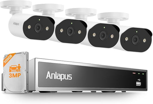 Anlapus 8CH 5MP PoE NVR Security System, 4 x 3MP Audio IP Camera, 500GB HDD