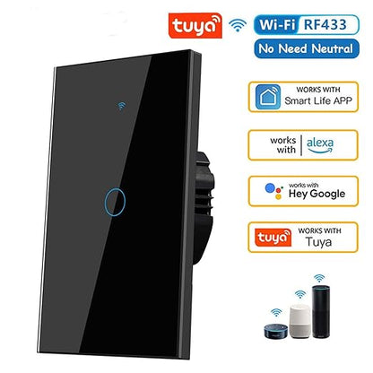 2.4GHz WiFi Smart Wall Touch Light Switch (Glass Panel, Alexa Multi-Control Compatible, Compatible with Multiple Platforms) (Wall Switch 1 Gang)