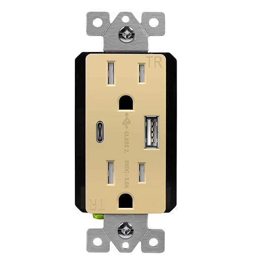 TOPGREENER USB Outlet, 4.2A Type C & Type A Wall Outlet, Gold, 1 Pack | 15 Amp Tamper Resistant Receptacle Plug, Charging Power Outlet with USB Ports, USB Receptacle, UL Listed, TU21536AC-GD
