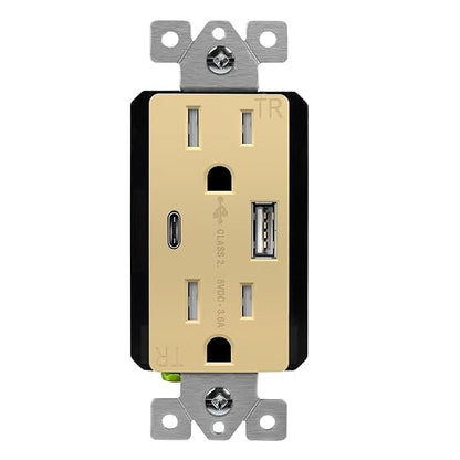 TOPGREENER USB Outlet, 4.2A Type C & Type A Wall Outlet, Gold, 1 Pack | 15 Amp Tamper Resistant Receptacle Plug, Charging Power Outlet with USB Ports, USB Receptacle, UL Listed, TU21536AC-GD
