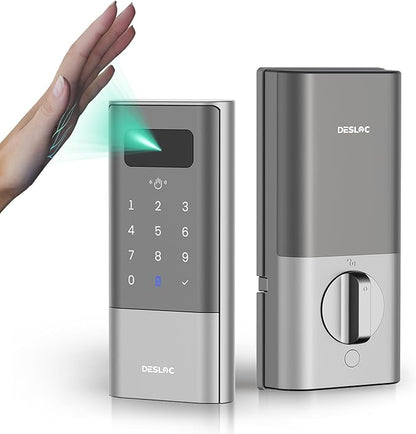 DESLOC K140Plus Smart Door Lock with Palm Vein Recognition, Keyless Entry Door Lock with Keypad Deadbolt, App Control, Auto Lock Digital Door Lock for Front Door with Mechanical Key Backup, Silver
