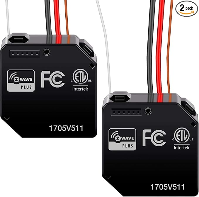 Z-Wave Plus Relay, Hidden Smart Switch Wireless Remote Control to Lights and Ceiling Fans, 120-277VAC, 10A, Neutral Wire Required, ZWN-RSM1-PLUS, Black, 2-Pack
