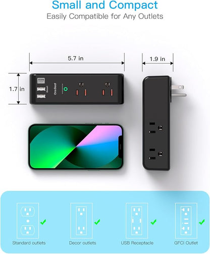 PD20W Surge Protector Outlet Extender - Rotating Plug, One Beat 6 AC Multi Plug Outlet with 3 USB Ports (1 USB C), 1800J Wall Charger, 3-Sided Power Adapter with Spaced Outlet Splitter for Home Office