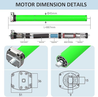 DC12V Motorized Roller Shade Motor with Manual Crank & Remote, 45mm Electric Awning Tubular Motor, Dry Contact Smart Blinds Retrofit Kit (20 N.m for Φ74mm（3"） Round Tube)