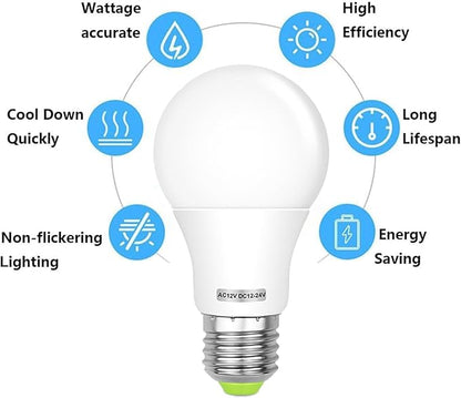 E26 12V LED Bulb 60W Equivalent E26/E27 Base 12-24V AC/DC 600Lm Cool White 6000K 6W LED Durable for Low Voltage Off-Grid Solar Battery Systems, RV, Marine Lighting - 4 Pack