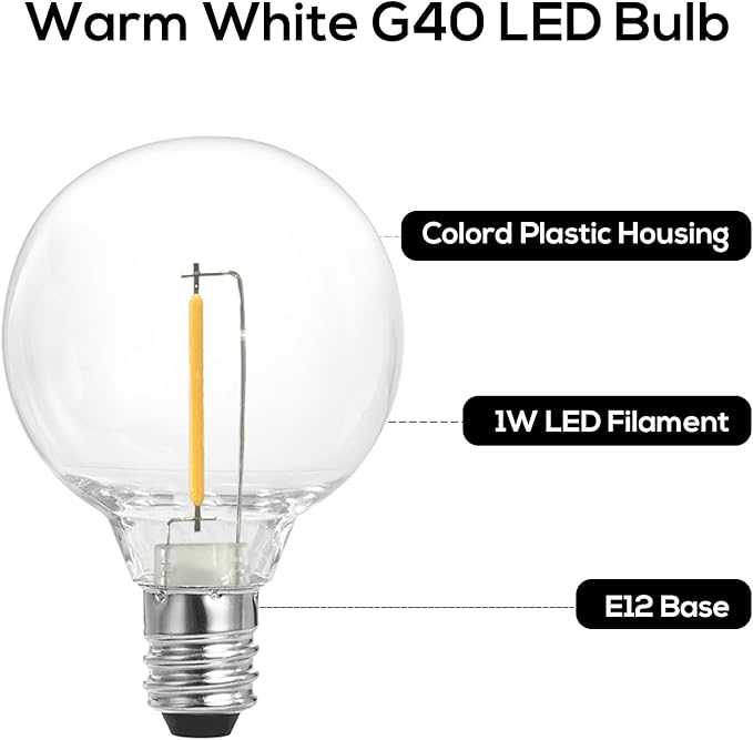 SUNTHIN 25 Pack G40 LED Bulbs, 1W LED Bulbs with E12 Base, 5 Watt Incandescent Bulbs Equivalent, Warm White 2700K, Replacement Bulbs for Globe String Lights, Indoor & Outdoor Use