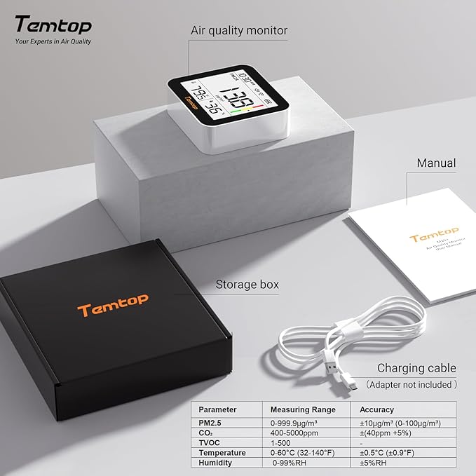 Temtop M10+ WiFi Air Quality Monitor, Rechargeable CO2 Detector with PM2.5 TVOC AQI Temperature and Humidity, 6-in-1 Indoor Pollution Meter with App Control, Data Export, E-Ink Screen for Home Office