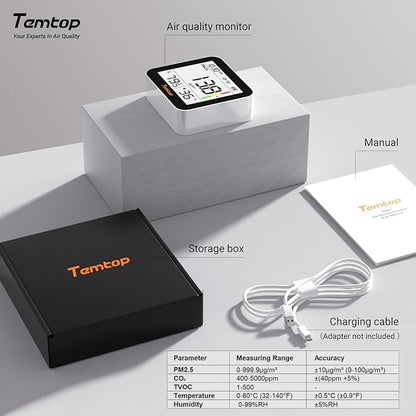 Temtop M10+ WiFi Air Quality Monitor, Rechargeable CO2 Detector with PM2.5 TVOC AQI Temperature and Humidity, 6-in-1 Indoor Pollution Meter with App Control, Data Export, E-Ink Screen for Home Office
