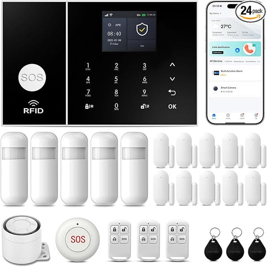 Alarm System for Home Security 24Pcs WiFi+GSM/4G Home Alarm System | NO Monthly Fee,120dB Loud Alarm with Instant App Alerts,Work with Alexa or Google,SOS Button,No Pairing Required
