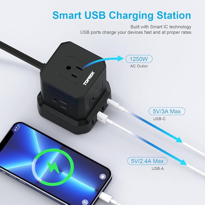 Power Strip Surge Protector (700J), 10 FT Flat Extension Cord with 5 Outlets, 2 USB-C & 2 USB-A, Power Strip with USB for Home, Office, Dorm, Hotel, Travel, Compact Desk Charging Station