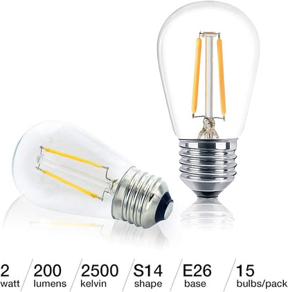 Brightech Ambience PRO Replacement Plastic LED Light Bulbs, 2 Watt Vintage LED Edison Bulbs, 2500K Warm White Dimmable Outdoor String Lights Bulbs, E26 Base - 15 Pack