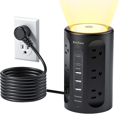 AnnTane Power Strip Tower with Night Light, Power Strip Surge Protector with USB Ports, Extension Cord 10 FT with Multiple Outlets (12AC+3A+2C) for Home Office Desk DormRoom (Black)