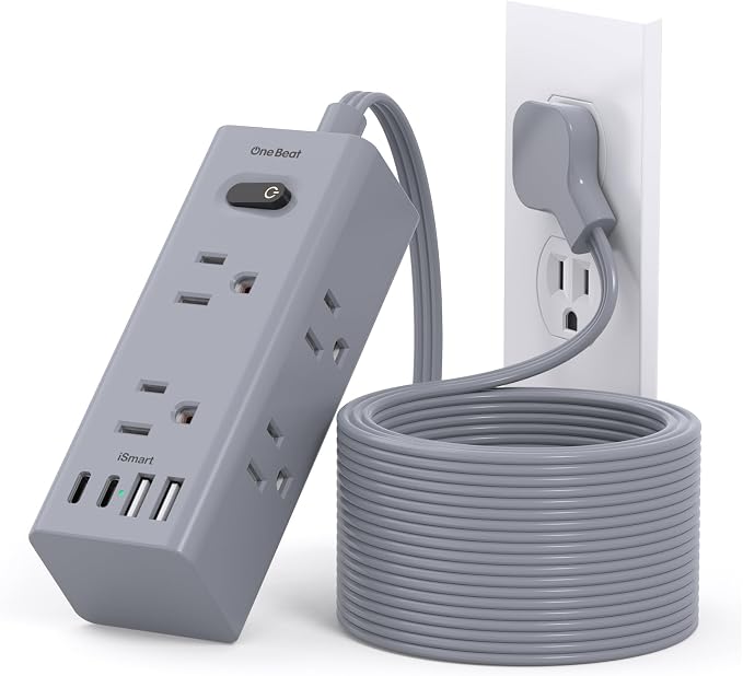 15Ft Extension Cord with Multiple Outlets, Flat Plug Power Strip Surge Protector with 15 Ft Long Cord, 6 Outlet 4 USB Ports (2 USB C), Multi Outlet Wall Plug for College, Dorm Room Essentials(Grey)