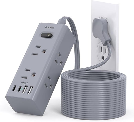 15Ft Extension Cord with Multiple Outlets, Flat Plug Power Strip Surge Protector with 15 Ft Long Cord, 6 Outlet 4 USB Ports (2 USB C), Multi Outlet Wall Plug for College, Dorm Room Essentials(Grey)