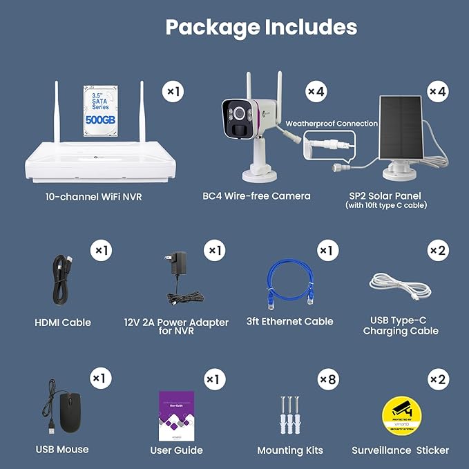 xmartO Wireless Solar Security Camera System, 10CH 4K Expandable WiFi6 NVR+4*4MP 2K Outdoor Cams, All Weather Solar, 2-Way Audio, IR&Color NV, Long Range WiFi Mesh, Free 2-Years Video,No Monthly Fees