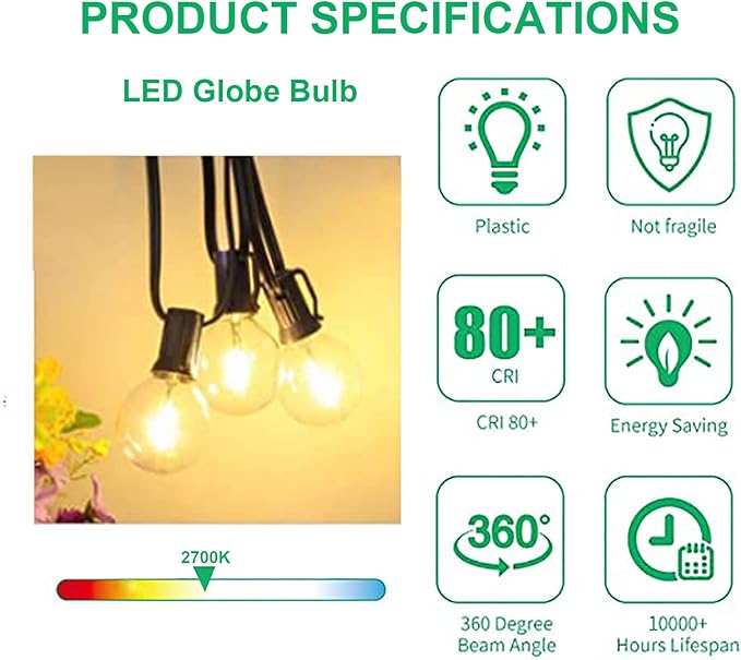 G40 LED Replacement Bulbs for Outdoor String Lights, 0.6W Dimmable Shatterproof Globe Bulbs, E12 Candelabra Base, Warm White, 25-Pack