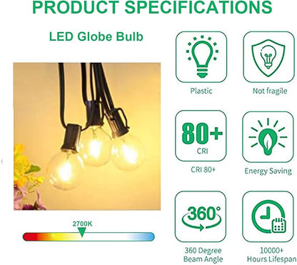 G40 LED Replacement Bulbs for Outdoor String Lights, 0.6W Dimmable Shatterproof Globe Bulbs, E12 Candelabra Base, Warm White, 25-Pack