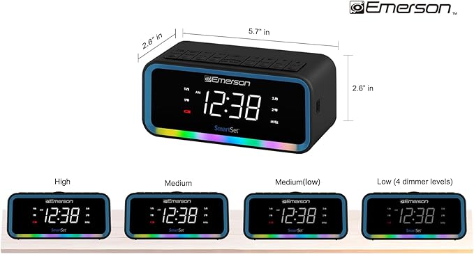 Emerson CKS1401 Smartset AM/FM Dual Alarm Clock Radio with 0.9” White LED Display with 4-Level Dimmer Control, USB-C Charging, and 2-Level Multi-Color LED Decor