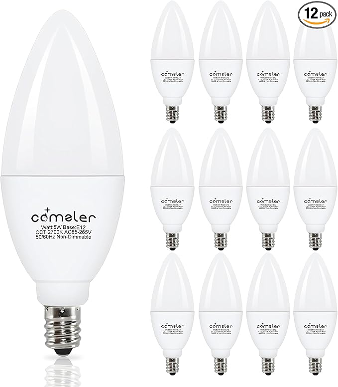 comzler 12 Pack E12 LED Candelabra Light Bulb, 2700K Warm White, 5 Watt 60W Equivalent Ceiling Fan Light Bulbs, Type B Light Bulb B11 Shape for Chandelier, Small Base, CRI85+, 500Lumen, Non-Dimmable