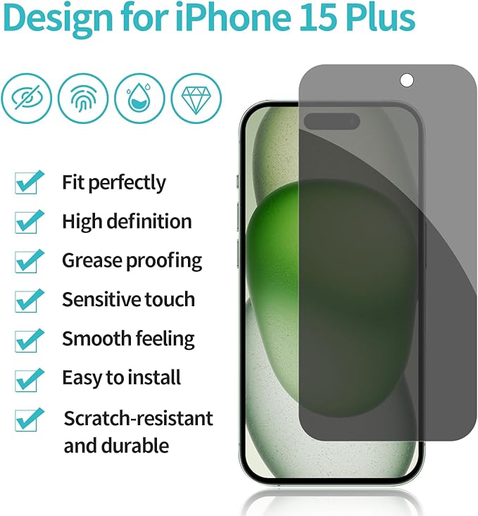 PEHAEL 2+2 Pack for iPhone 15 Plus Privacy Screen Protector with Camera Lens Protector Full Coverage Anti-Spy Tempered Glass Film 9H Hardness Easy Installation Bubble Free [6.7 inch]