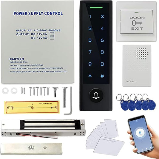 WiFi Remote Manage IP66 Watreproof Access Control Keypad 600lbs Electric Magnetic Lock110-240V Power Supply Box(Support Backup Battery) Smart Phone App Remote ADD/Delete User