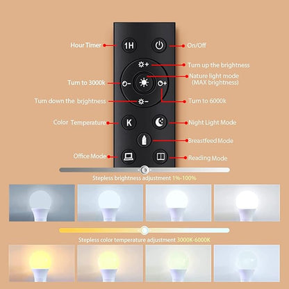 A19 LED Light Bulbs with Remote Control, 800LM 9W (60W Equivalent) Bulbs,Stepless Dimmable 3000K-6000K,E26 Base,CRI 80+,2.4GHz,25000+ Hours Lifespan,Light Bulb for Home Decor,3Bulb & 1Remote