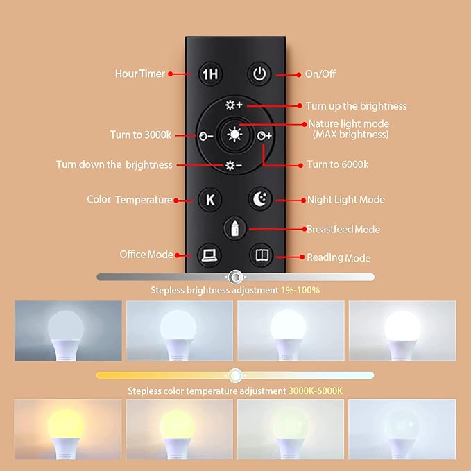 A19 LED Light Bulbs with Remote Control, 800LM 9W (60W Equivalent) Bulbs,Stepless Dimmable 3000K-6000K,E26 Base,CRI 80+,2.4GHz,25000+ Hours Lifespan,Light Bulb for Home Decor,2Bulb & 1Remote