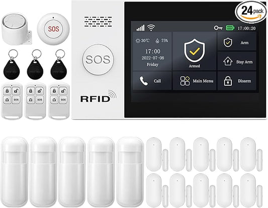 YBJ Full Touch Screen Wireless Smart Home alarm system, DIY 4G and WiFi Burglar Alarm System for Home Security with APP Alert, 24-Piece-Kit (Motion Detector, Door Window Sensor, Remote Control, Siren)