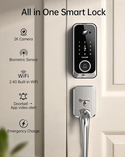 Smart Front Door Lock Sets: 2K HD Camera Lock with Doorbell Kits, Hornbill Fingerprint Keyless Entry Door Lock with Handles, WiFi Deadbolt (only 2.4G) for Remote Control, Auto Lock,Satin Nickel