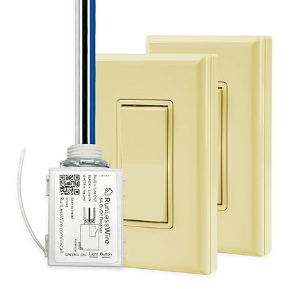 RunLessWire 3-Way Battery-Free DIY Wireless Light Switch Kit 150ft RF Range Self-Powered by Kinetic Energy for Hallways & Stairways: 2 Remote Switches Control 1 5A On/Off Receiver Ivory