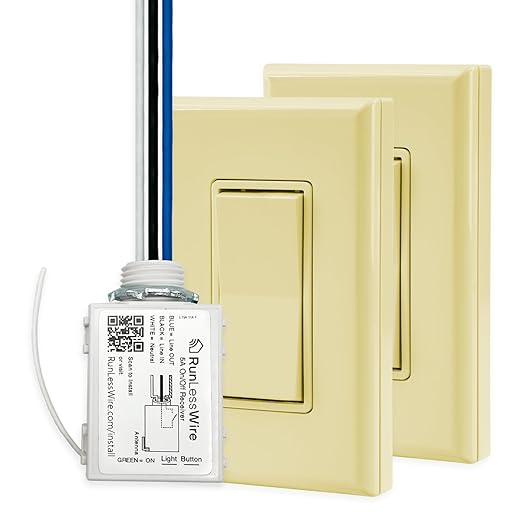 RunLessWire 3-Way Battery-Free DIY Wireless Light Switch Kit 150ft RF Range Self-Powered by Kinetic Energy for Hallways & Stairways: 2 Remote Switches Control 1 5A On/Off Receiver Ivory