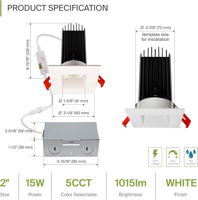 ASD 2 Inch LED Recessed Lighting with Junction Box, 15W 1100 Lumens, Dimmable Anti-Glare Downlight, 2700K/3000K/3500K/4000K/5000K Selectable, CRI 90+, Square White Trim, IC Rated, ETL, Energy Star