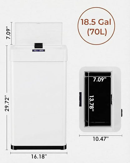 TLSUNNY 18.5 Gallon Motion Sensor Trash Can,Touchless Automatic Garbage Can,Brushed Stainless Steel Smart Bin,with Bag Holder,Soft Close Lid,for Kitchen,Office,RV,Bedroom,Living Room (White, 70L)