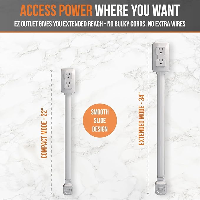 EZ Outlet Electrical Outlet Extender. Access Hard-to-Reach Outlets! Features USB-A, USB-C, and 2 AC Outlets, Extends 22"-34", Rotates 180°. Use Behind Couches, Nightstands, Desks, and More.