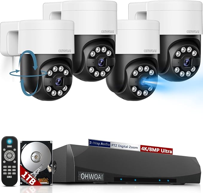 《4K/8.0 Megapixel & Smart Auto Tracking》Wired PTZ Security Camera System, 4K POE Cameras Systems for Home Video Surveillance DVR Kits