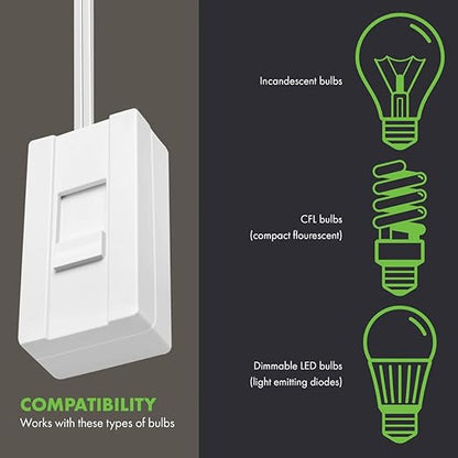 TOPGREENER Table-Top Plug in Dimmer for Table or Floor Lamps, Slide Control, Works with 360 Watt Incandescent and 150 Watt Dimmable CFL/LED, Off at Lowest dim, 6ft Cord, TGTTDL300-W, White, 2 Pack