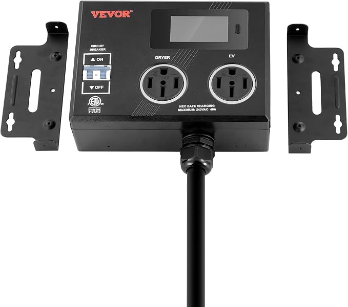 VEVOR NEMA Splitter for Dryer and EV, 3-Color LED Indicator, 240V Smart Power Distribution, with NEMA 14-50 Plug, Two NEMA 14-50 Outlets, 3.4 in LCD Screen, Max 40A Dryer EV, Tested to ETL Standard
