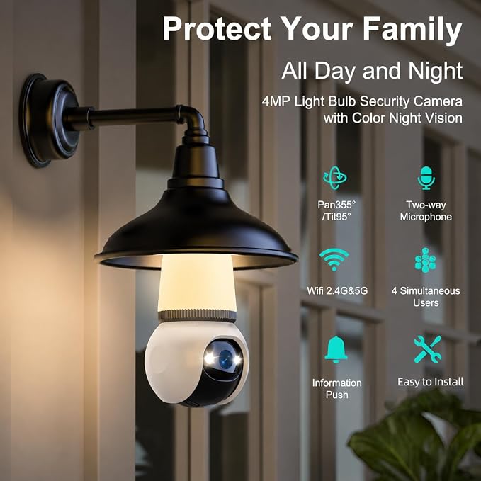 Hawkray Light Bulb Security Camera Wireless Outdoor Indoor-5&2.4GHz Dual Band WiFi,360° Pan-Tilt,2K Color Night Vision,Motion Detection & Siren Alarm,Two-Way Audio