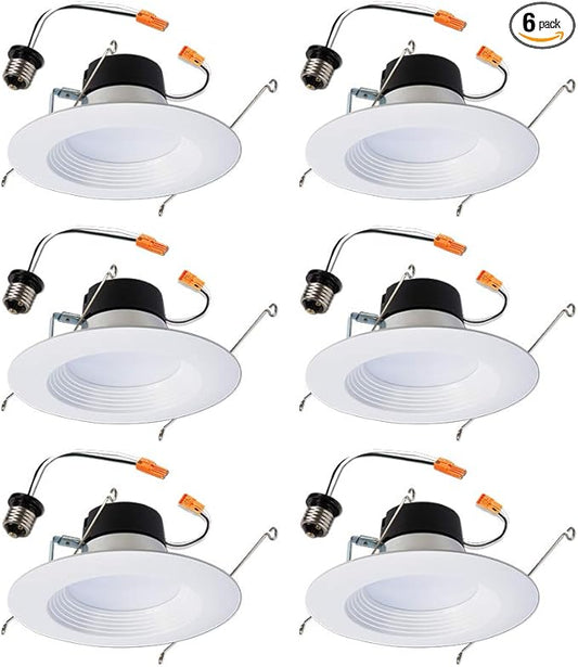 HALO LT 5 in / 6 in LED Recessed Lights Retrofit Can Light Fixtures 6 Pack 3000K Warm White 600 Lumens Wet Location Dimmable Ceiling Downlights with Baffle White Trim