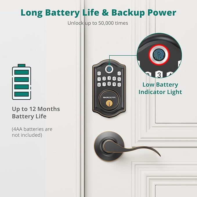 AkaGear DS10 Keyless Entry Door Lock with 2 Lever Handle, Fingerprint, Keypad Code, 2 Keys, Smart Locks for Front Door, Bedroom, One-time Code, Auto-Lock, Easy Installation - Oil Rubbed Bronze