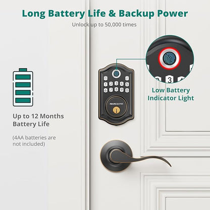 AkaGear DS10 Keyless Entry Door Lock with 2 Lever Handle, Fingerprint, Keypad Code, 2 Keys, Smart Locks for Front Door, Bedroom, One-time Code, Auto-Lock, Easy Installation - Oil Rubbed Bronze