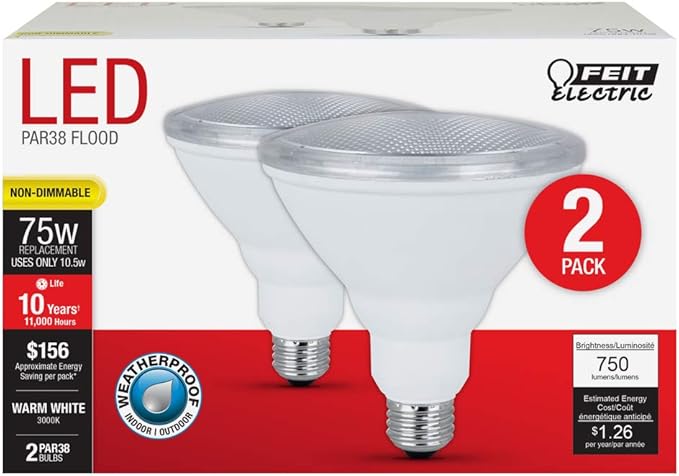 Feit Electric PAR38 LED Light Bulb, 75W Equivalent, 750 Lumens, 3000k Bright White, 10.5W, E26 Base, Light for Outdoor, Track and Recessed Lighting, 11,000-Hour Lifetime, PAR3875/10KLED/2, 2 Pack