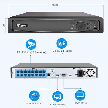 Anpviz AI 12MP 16CH POE NVR (12MP/8MP/6MP/5MP/4MP) Smart AI POE Network Video Recorder - Supports up to 16 x 12MP POE Cameras, 16-Channel Power Over Ethernet (Not Included HDD) NVR7616Q2-16P(H Series)