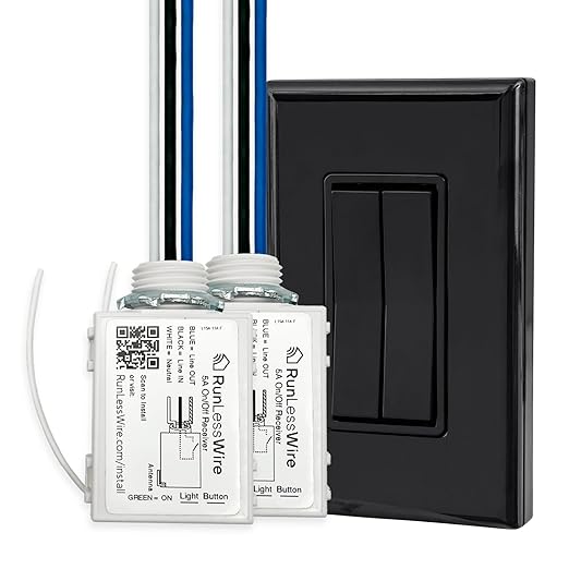 RunLessWire Fan & Light Battery-Free DIY Wireless Light Switch Kit 150ftRF Range Kinetic for Bathrooms & Ceiling Fans: 1 Dual Remote Switch Controls 2 5A On/Off Receivers Separately Black