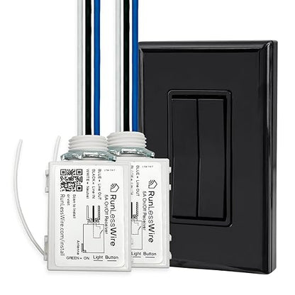 RunLessWire Fan & Light Battery-Free DIY Wireless Light Switch Kit 150ftRF Range Kinetic for Bathrooms & Ceiling Fans: 1 Dual Remote Switch Controls 2 5A On/Off Receivers Separately Black
