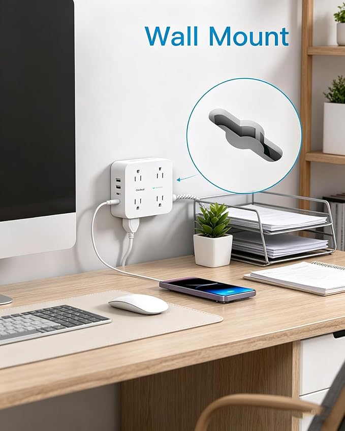 Extension Cord 25 Ft, One Beat Surge Protector Power Strip 25 Ft Long Cord, 8 AC Outlets with 4 USB Ports(2 USB C), White Power Strip for Home Office College Dorm Room, Desk Essentials