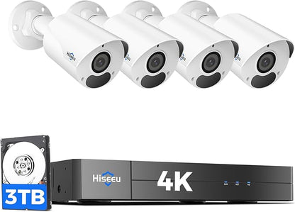[4K HD+ 121° Wide View] Hiseeu 4K Security Camera System, PoE Camera System w/4pcs 8MP IP PoE Cameras, 16 Channel NVR,3TB HDD, Free Remote Access, WDR, Motion Detect, 100ft Night Vision,7/24 Record